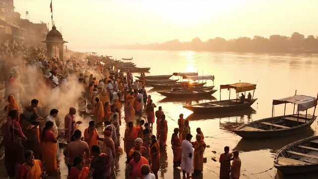Devotees participate in a sacred ritual bath during the auspicious maha kumbh mela pilgrimage at sunrise by the holy river