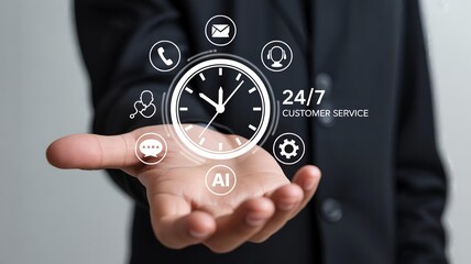 Hand holding futuristic clock interface with 24/7 support icons for instant business services