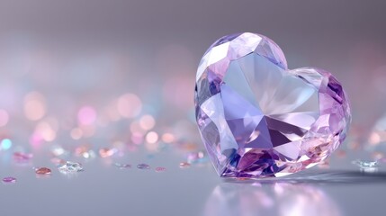 A faceted heart-shaped gemstone sparkles in pastel colors, surrounded by scattered small gems on a smooth reflective surface