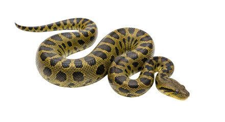 Fototapeta premium Isolated, Beautiful Yellow Anaconda Snake Curled Up Against the Plain Background Surface
