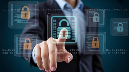 Cybersecurity professional interacting with digital security interface featuring padlock icons and data streams