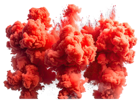 A vibrant explosion of coral-red ink swirling and dissipating into a white background