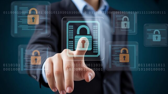 Cybersecurity professional interacting with digital security interface featuring padlock icons and data streams