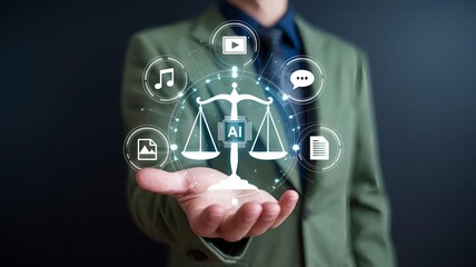 Digital law concept person holding scales of justice and legal icons concept