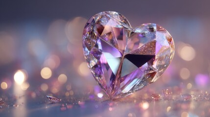 A sparkling, faceted heart-shaped gemstone gleams amid soft, colorful bokeh lights and scattered crystals in a dreamy setting