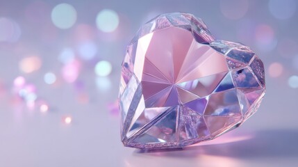 A faceted heart-shaped crystal gemstone sparkles with pastel reflections against a soft, dreamy background