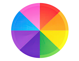 A circular color wheel divided into eight vibrant, segmented sections. 
