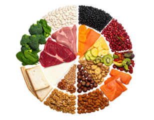 A circular arrangement of various foods, showcasing a diverse range of protein, vegetable, and grain options.  