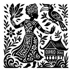 Dayak Woman with Hornbill and Longhouse — Borneo Kalimantan Culture Woodcut (Monochrome)