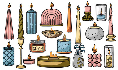 Decorative candles vector illustrations set. Hand drawn doodle candles for cozy design and romantic events
