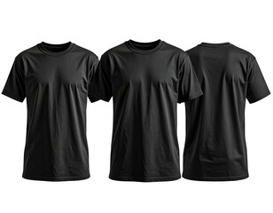 Three views of a plain black t-shirt, front, front, back