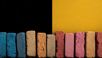 A collection of colorful rectangular blocks arranged in a row against a vibrant yellow background, showcasing a spectrum of hues from blues to pinks and oranges.
