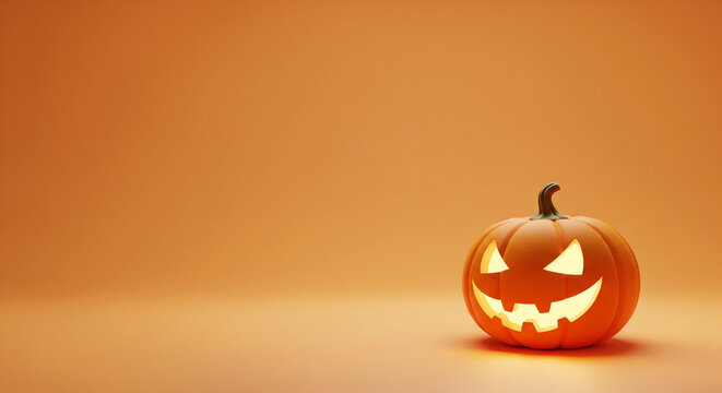 Minimalist halloween background, pastel orange backdrop, single glowing jack-o’-lantern in the corner, clean flat design, negative space for text, modern aesthetic