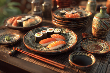 Sushi Spread: A mouthwatering array of fresh sushi and sashimi plates, artfully arranged on a rustic table, inviting a delectable culinary experience. 