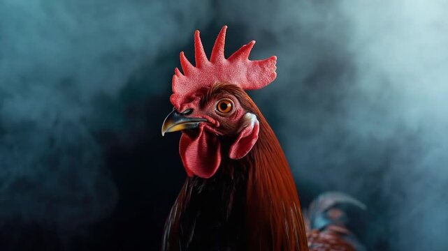 A rooster stands proudly in front of a smoking area, showcasing its vibrant red comb