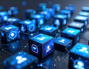 Abstract digital network of connected cubes, showcasing user profiles and data connections