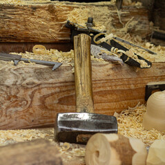 A hammer in the workshop of a woodworker