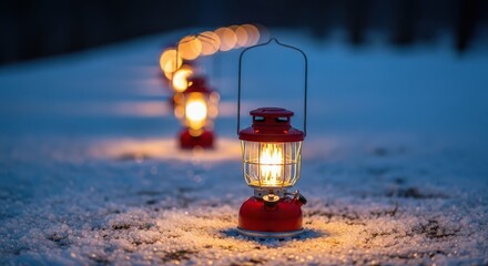 Warm Glow Lanterns Illuminate Snowy Path at Dusk