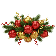 Christmas decoration arrangement with red and gold balls branches and ribbons