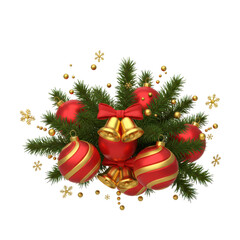 Christmas decoration design featuring red ornaments golden bells and fir branches on transparent background