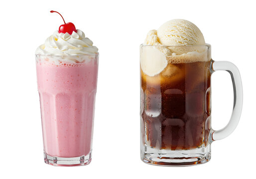 Classic American diner drinks a Strawberry Milkshake and a Root Beer Float set isolated for a transparent background PNG