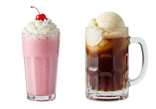 Classic American diner drinks a Strawberry Milkshake and a Root Beer Float set isolated for a transparent background PNG