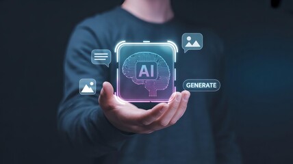 Person holding holographic artificial intelligence interface with glowing ai text and data visualizations