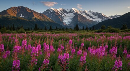 Obraz premium Mountain landscape with pink flowers