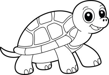 Black and white cartoon illustration of a happy turtle tortoise animal