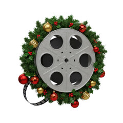 Christmas holiday film reel decorated with evergreen wreath