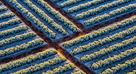 Aerial View of Vibrant Agricultural Fields with Geometric Patterns and Sunlight Highlighting Rows of Crops in Rich Earth Tones