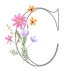 Floral alphabet, letter C with watercolor wild flowers. Monogram initials perfectly for wedding invitations, greeting card, logo, poster and other design. Hand painting.
