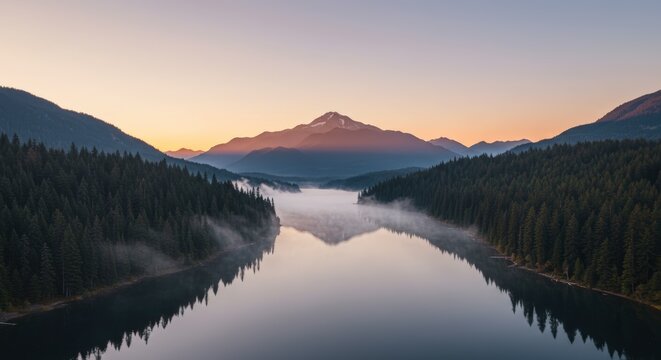 Mountain range and river valley at sunrise