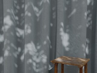 Wooden Table with Leaf Shadows on Slate Blue-Gray Curtain B