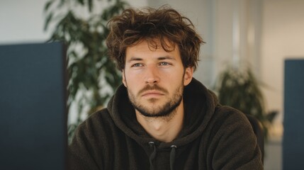Young man in deep thought, contemplative gaze in an indoor setting