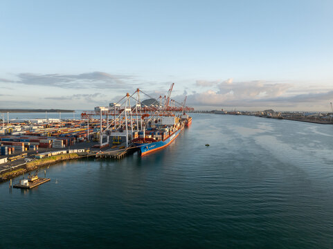 Tauranga, New Zealand - 24 February 2025: Aerial view of docked cargo ship bathed in the soft glow of dawn, cranes looming over containers, where sea meets the industrial heartland.