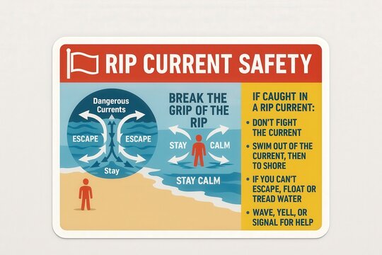 Enhancing Water Safety Awareness Through Visual Guidelines on Rip Current Escape Techniques for Beachgoers Emphasizing Calmness and Awareness captured with clarity