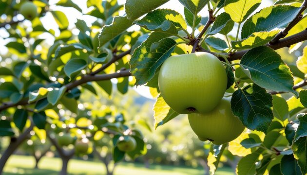 Ripe Green Apples Hanging on a Tree Branch in a Sunlit Orchard Landscape