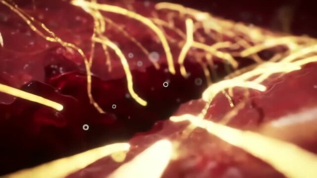 Clotting enzymes visualized as glowing golden threads weaving across a wound, sealing it like radiant fabric