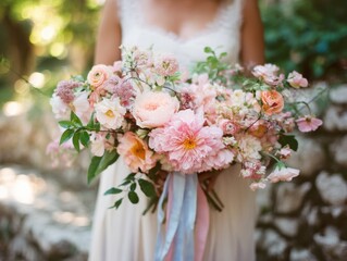 A bride in a white dress holds a large, pastel-colored bouquet of flowers with pink and peach blooms and delicate ribbons