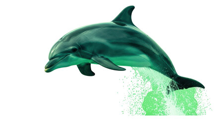 Isolated leaping dolphin with splash, sea mammal showing aquatic behavior, ocean life