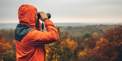 Hiker man exploring autumn forest landscape with binoculars