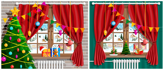 Cozy Christmas room interior with decorated tree by window. Winter outside. Holiday celebration and New Year concept.