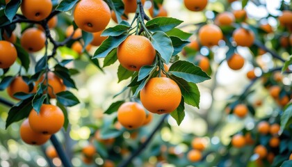 Fresh Oranges Hanging From Lush Green Tree Branches Under Bright Sunlight