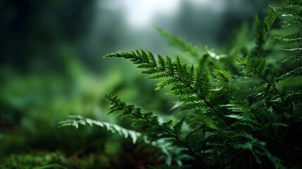 Close up of lush green fern fronds in a serene misty forest