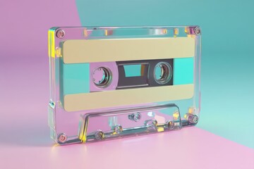 A transparent cassette tape is displayed on a pastel pink and blue background, evoking a retro and nostalgic aesthetic