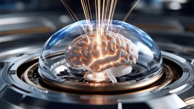 Intelligent Mind Under Glass: This eye-catching image portrays the power of intellect, featuring a detailed representation of a human brain encased in a transparent sphere.