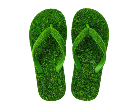 Pair of flip-flops, covered in artificial green grass