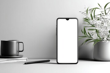 Smartphone on a desk with a blank screen in front view