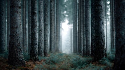 A symmetrical forest path lined with tall trees soft light and gentle mist evoking tranquility